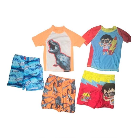 Lot of Five Pieces Boys Swim Trunks Set Ryan's World Dinosaurs Sharks 5/6 EUC - Picture 1 of 7